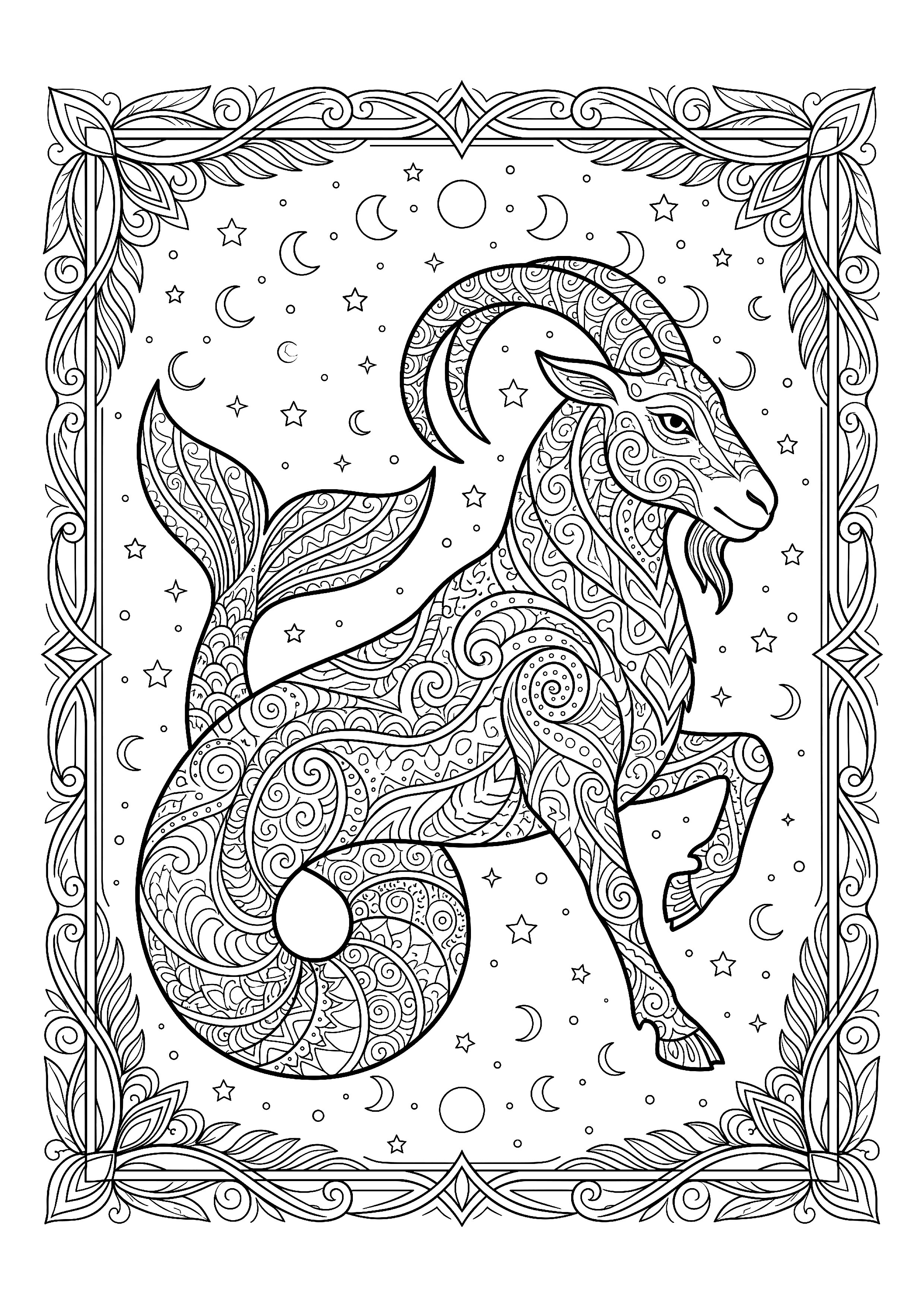 Capricorn Sea-goat with a Curling Fish Tail — free printable zodiac signs coloring page