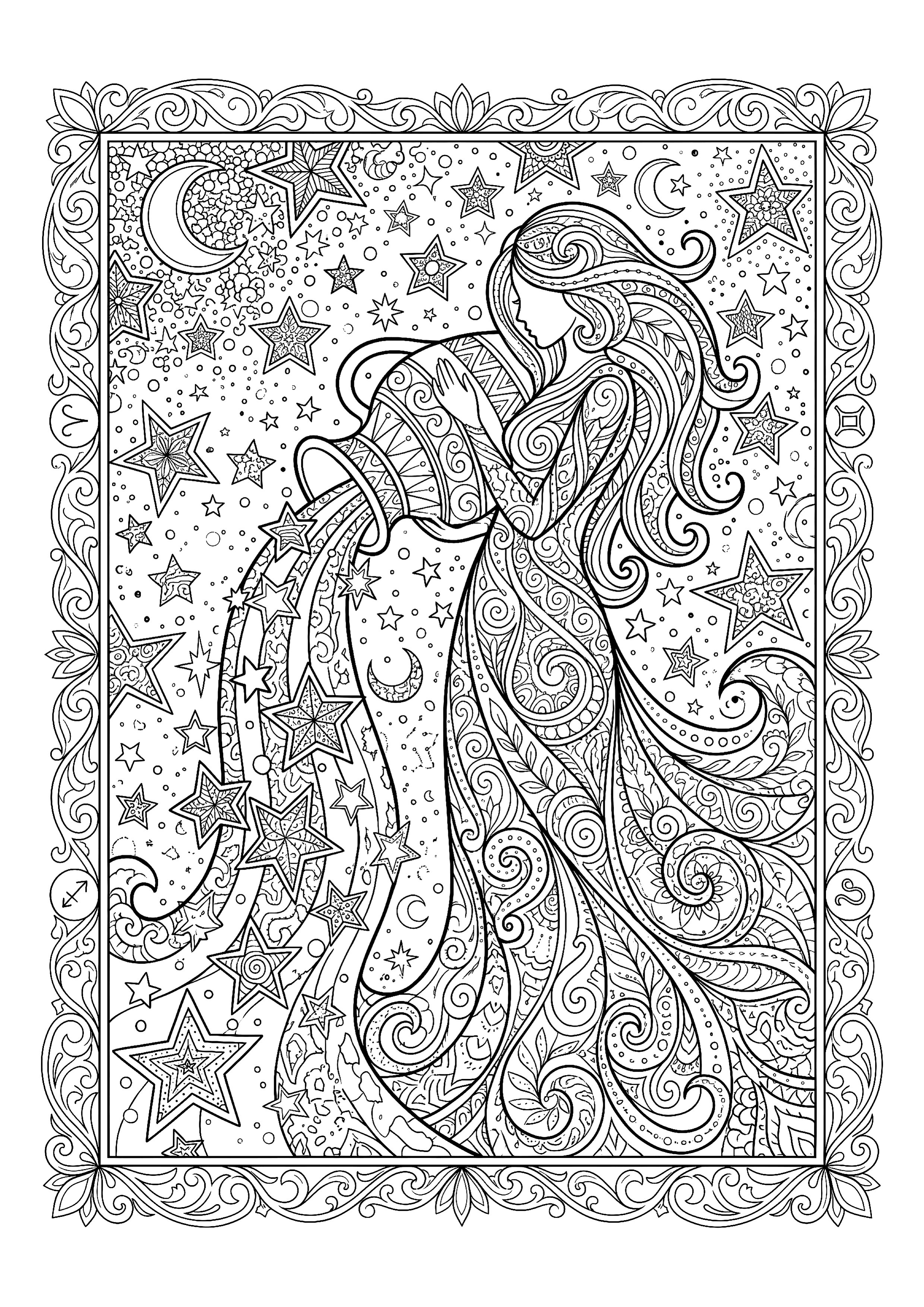 Aquarius Water Bearer Pouring a Stream of Stars — free printable zodiac signs coloring page