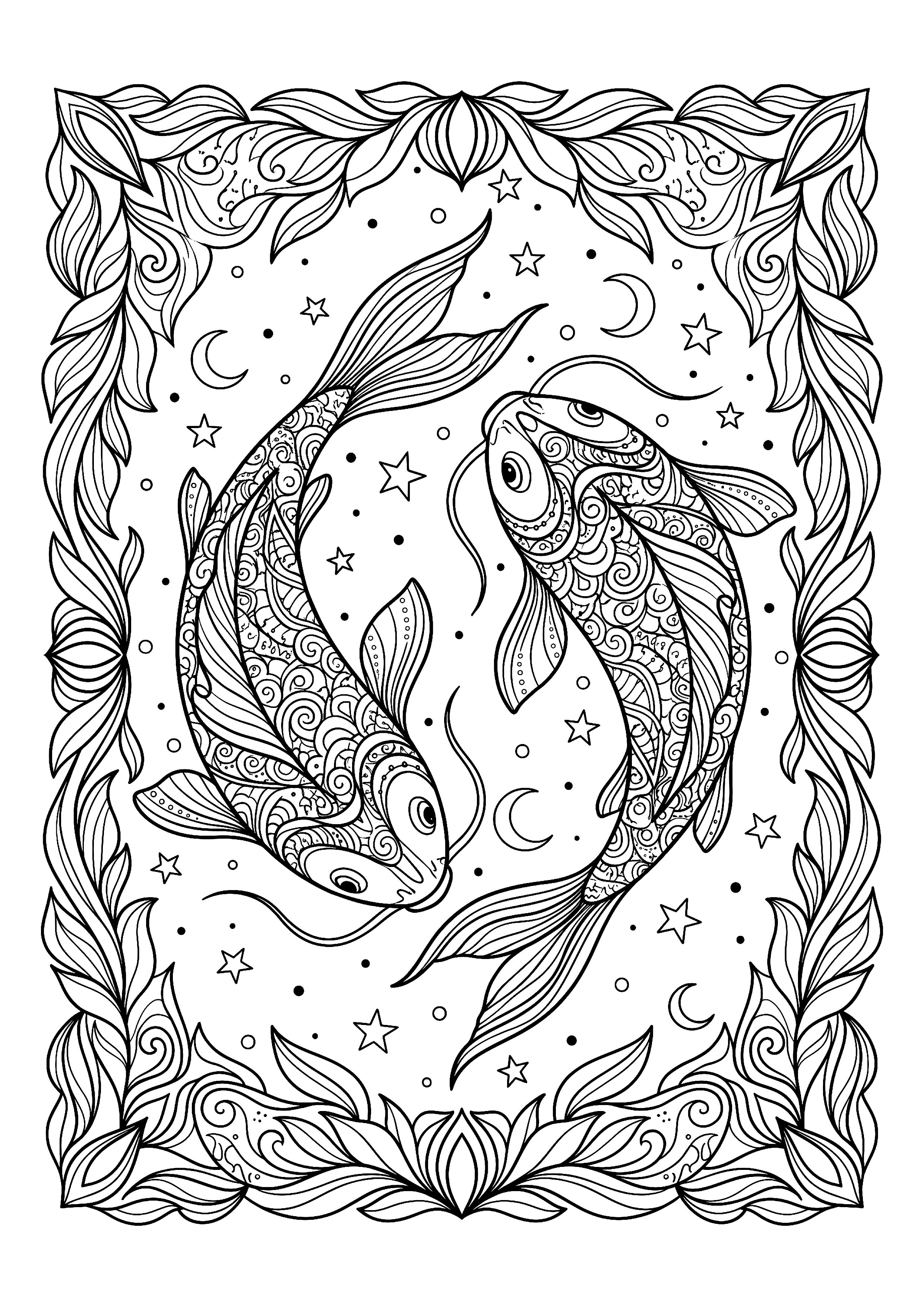 Pisces Two Fish Circling One Another — free printable zodiac signs coloring page