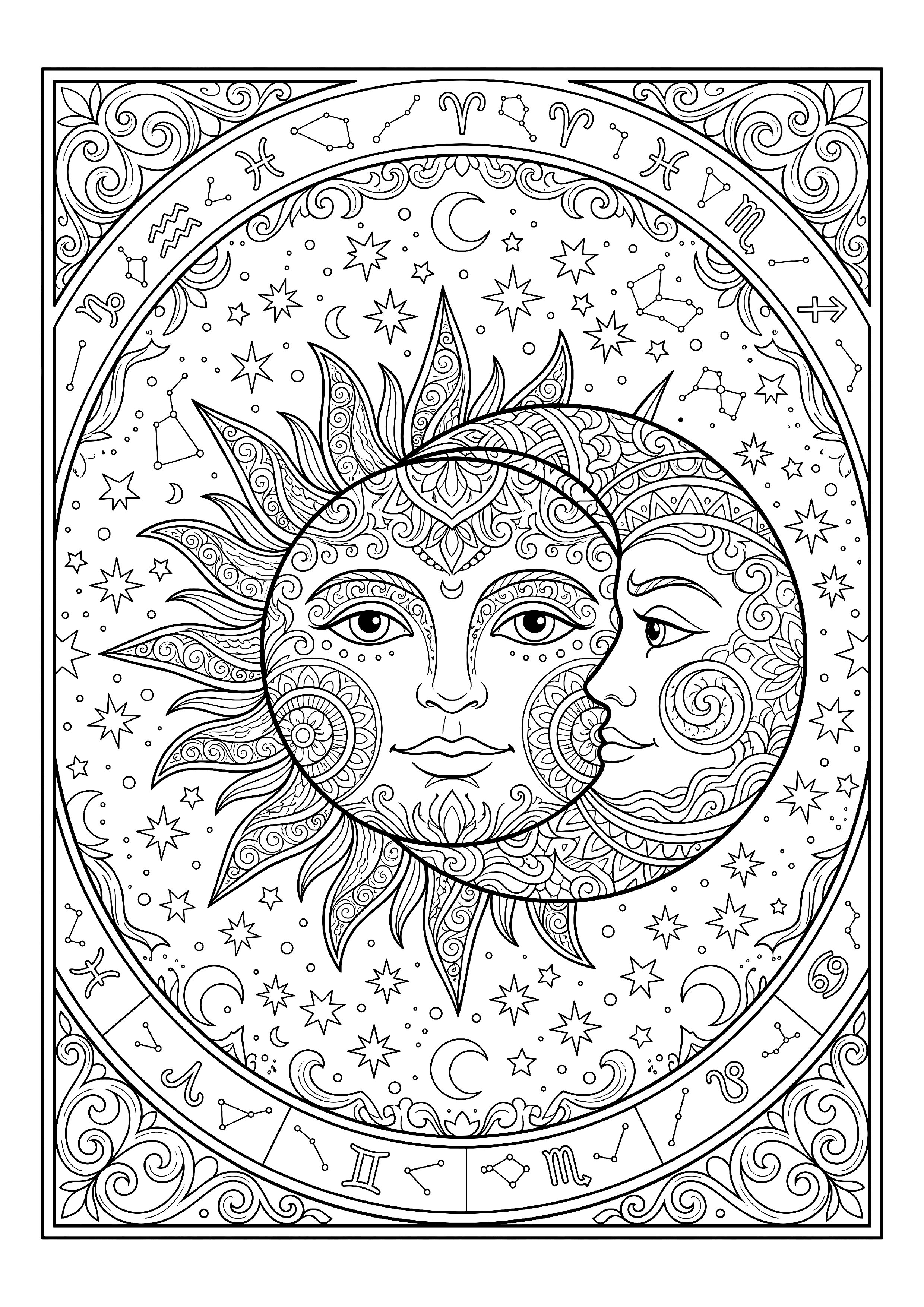 Sun Face and a Moon Face Side by Side — free printable zodiac signs coloring page