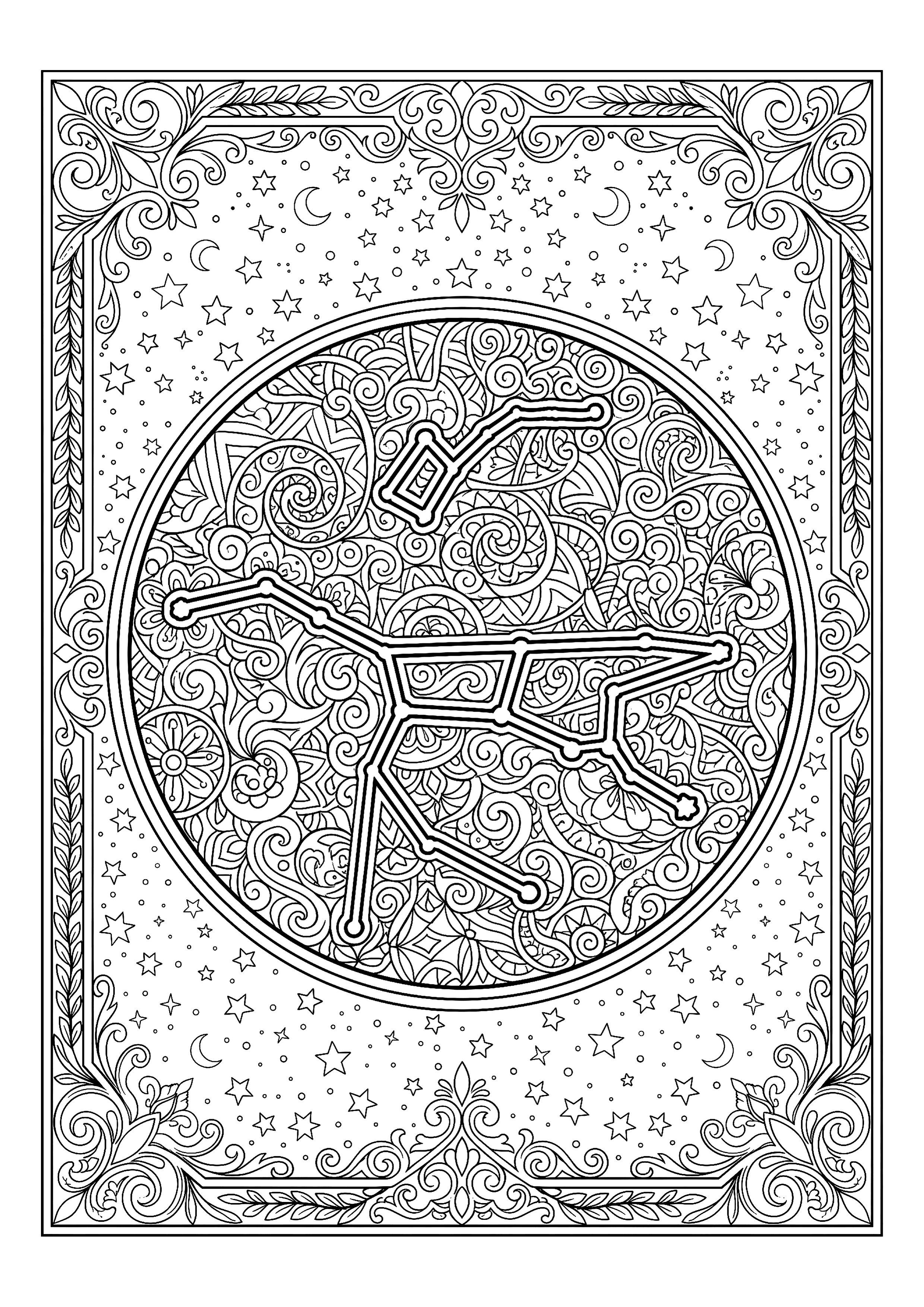 Circular Star Map of the Northern Constellations — free printable zodiac signs coloring page