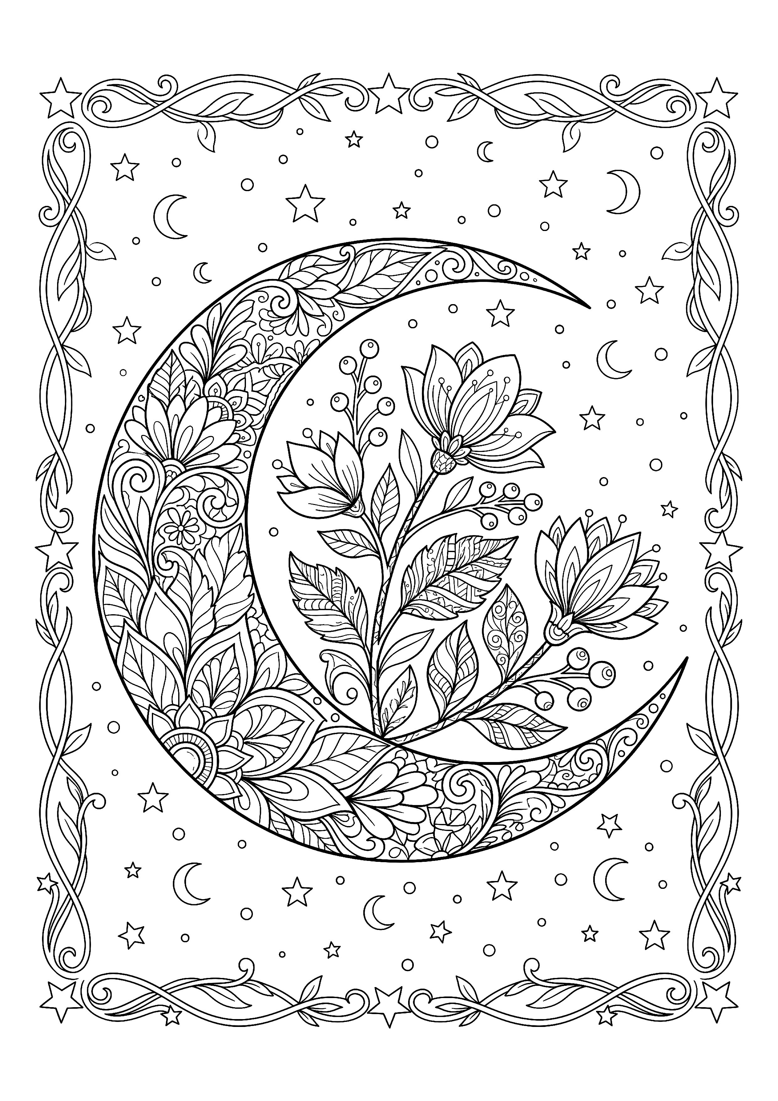 Crescent Moon Cradling Botanical Branches — free printable zodiac signs coloring page