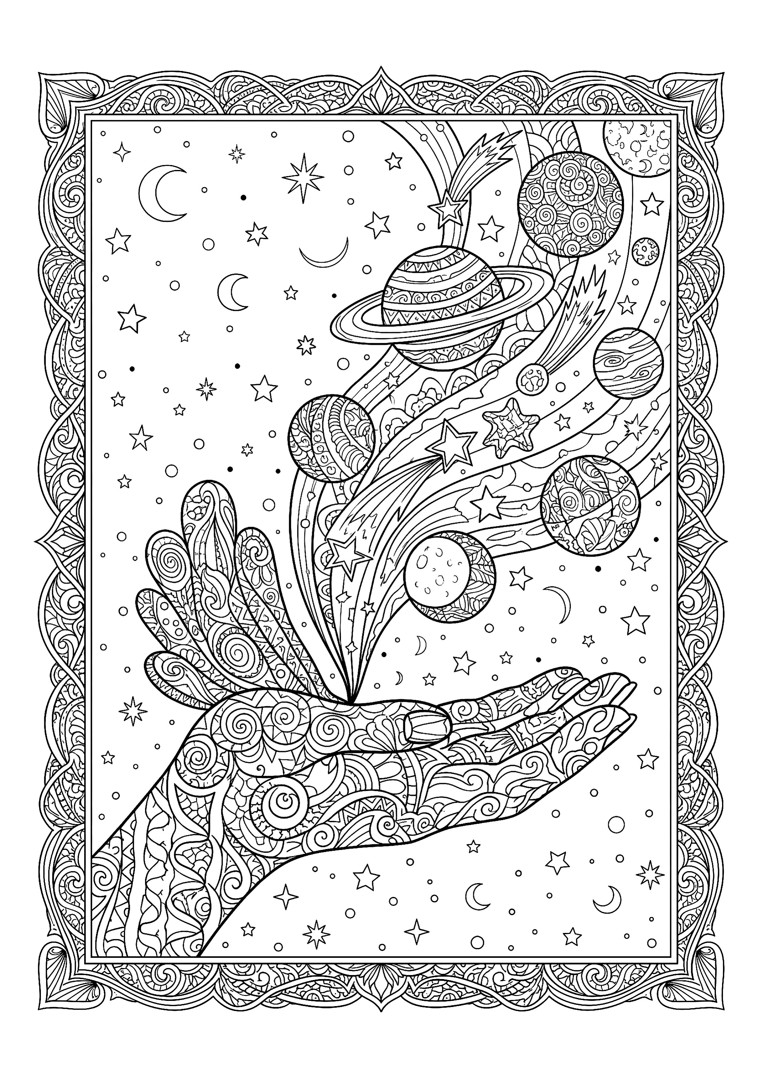 Open Hand Releasing Planets and Stars — free printable zodiac signs coloring page