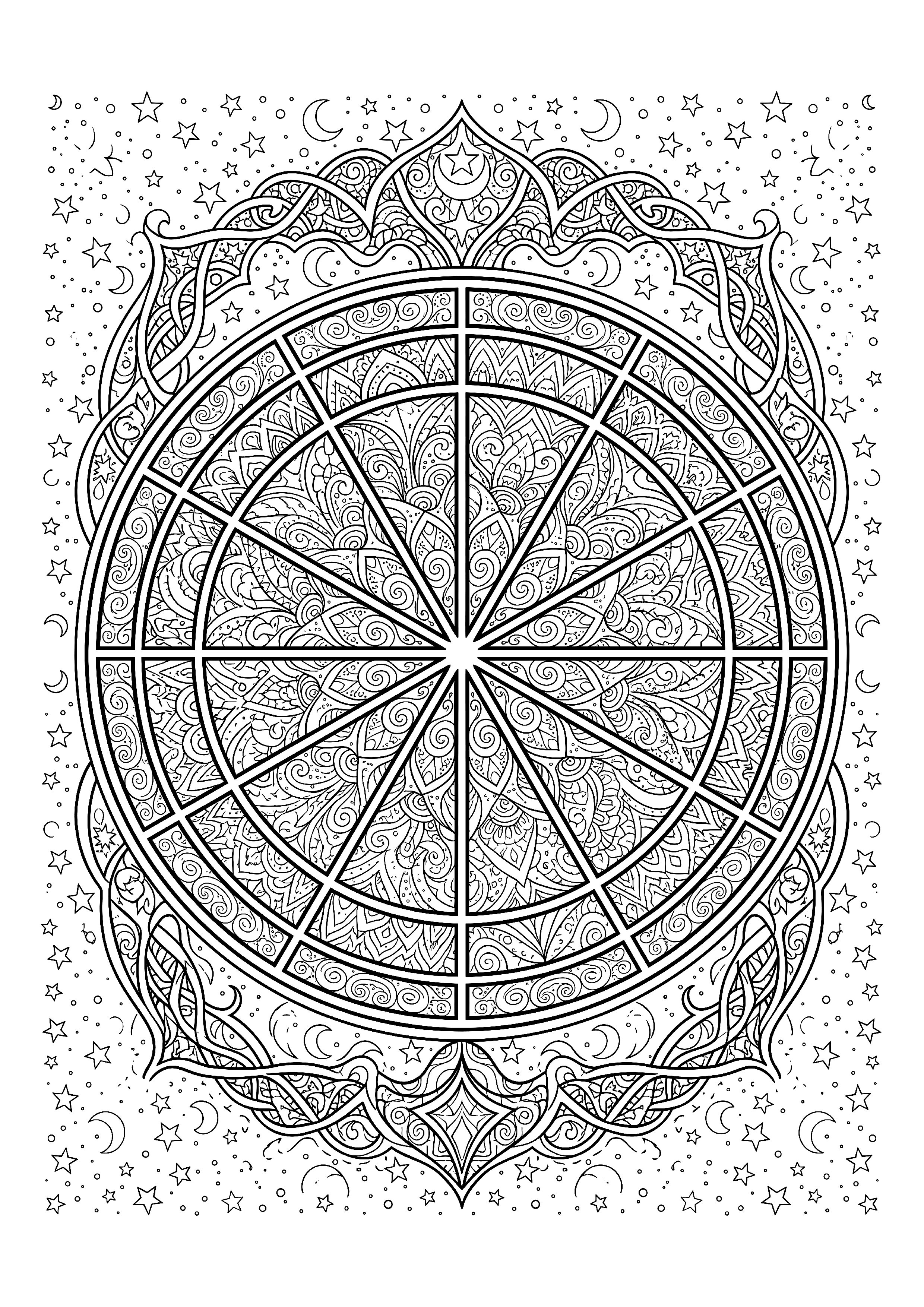 Astrological Birth Chart Wheel Divided into Twelve Houses — free printable zodiac signs coloring page