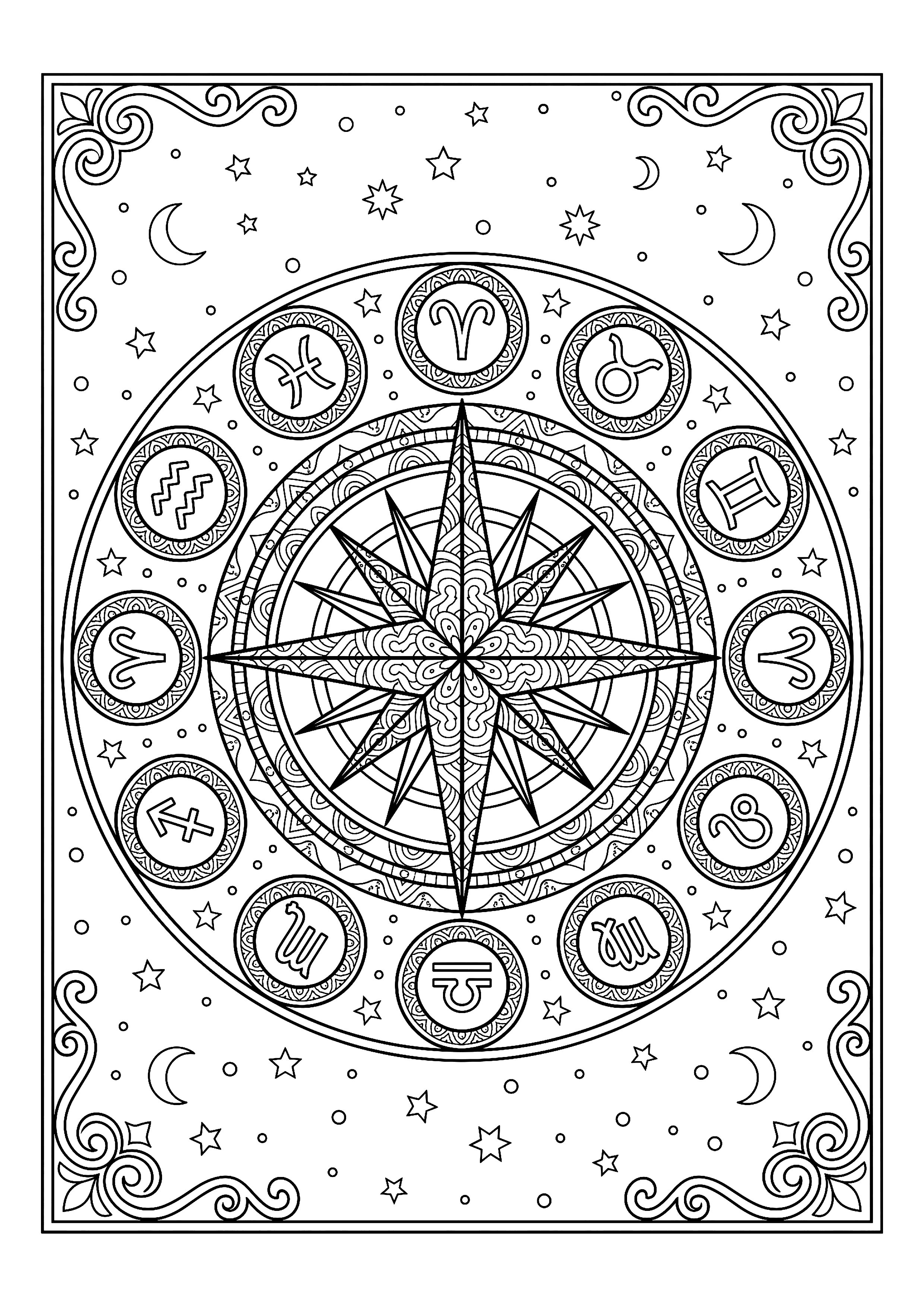 Compass Rose Ringed with the Twelve Zodiac Symbols — free printable zodiac signs coloring page
