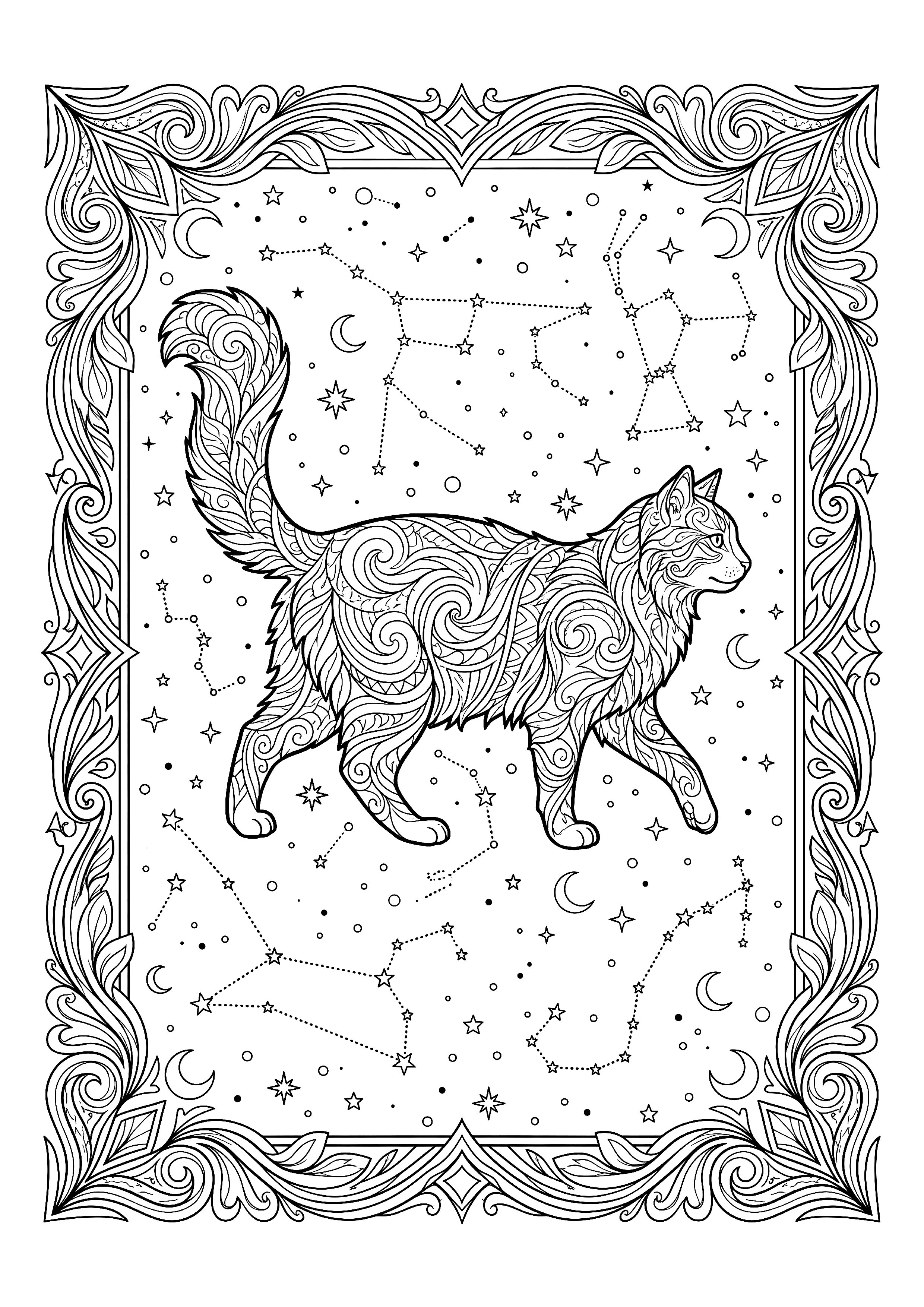Long-tailed Cat Stepping between Constellations — free printable zodiac signs coloring page