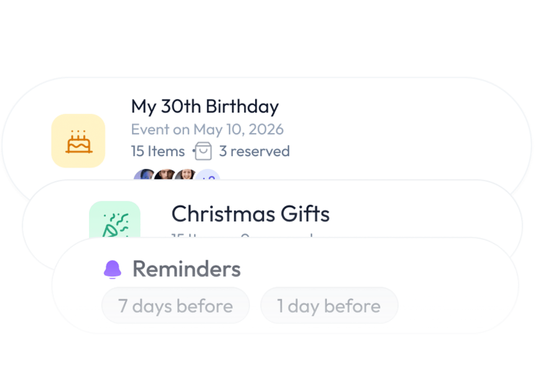 Wishlist cards and reminders interface