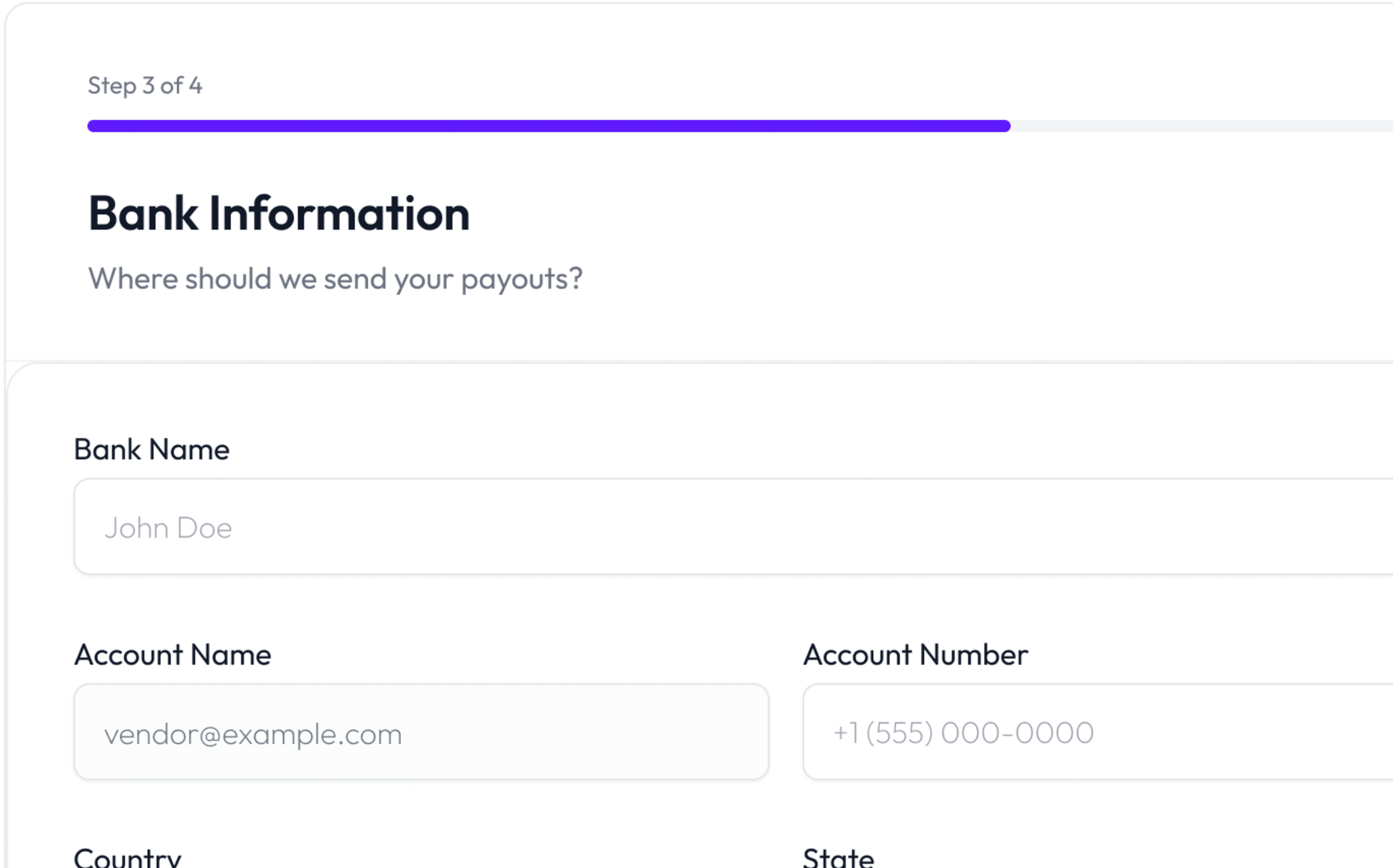 Create your Vendors Account form