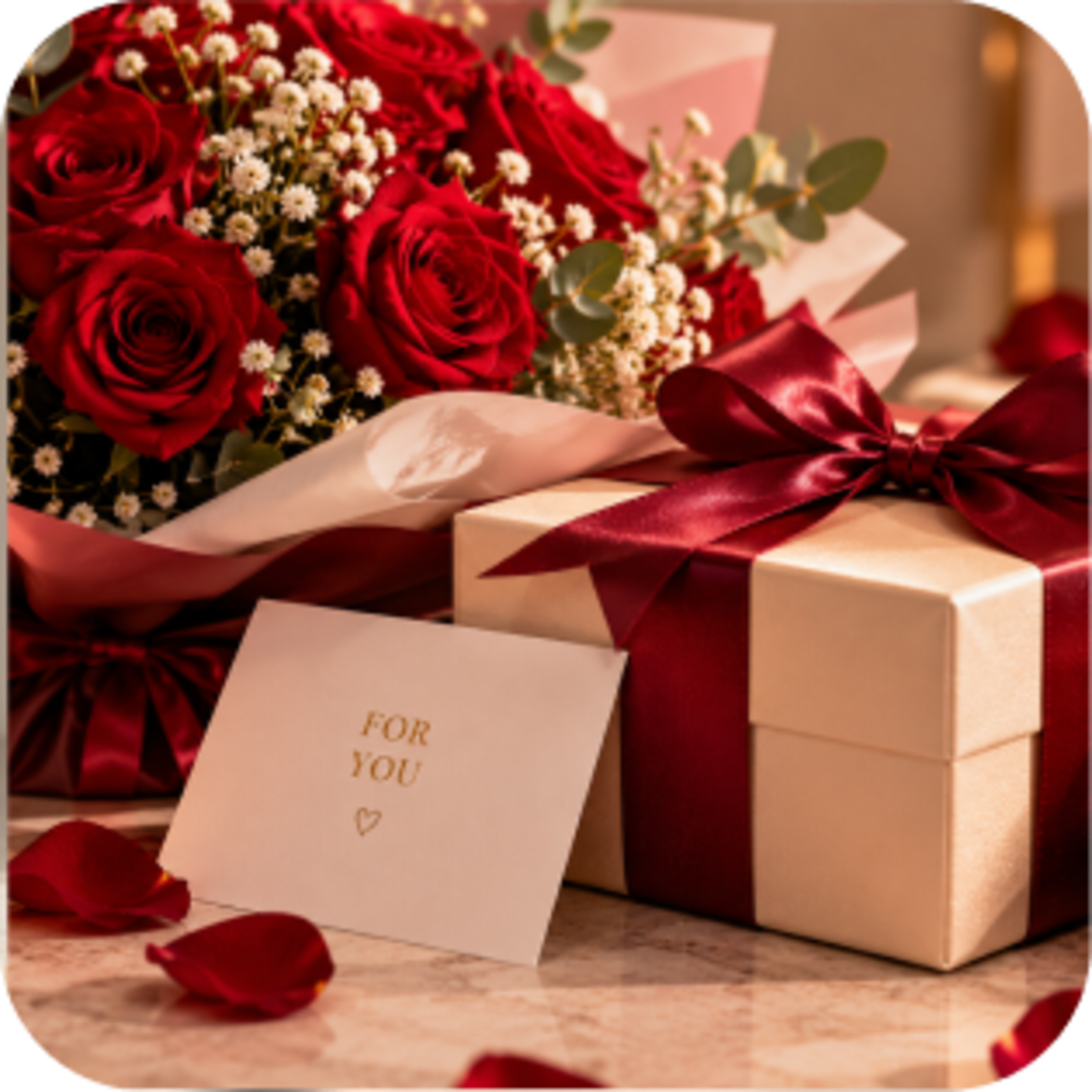 Bouquet of roses and gift box