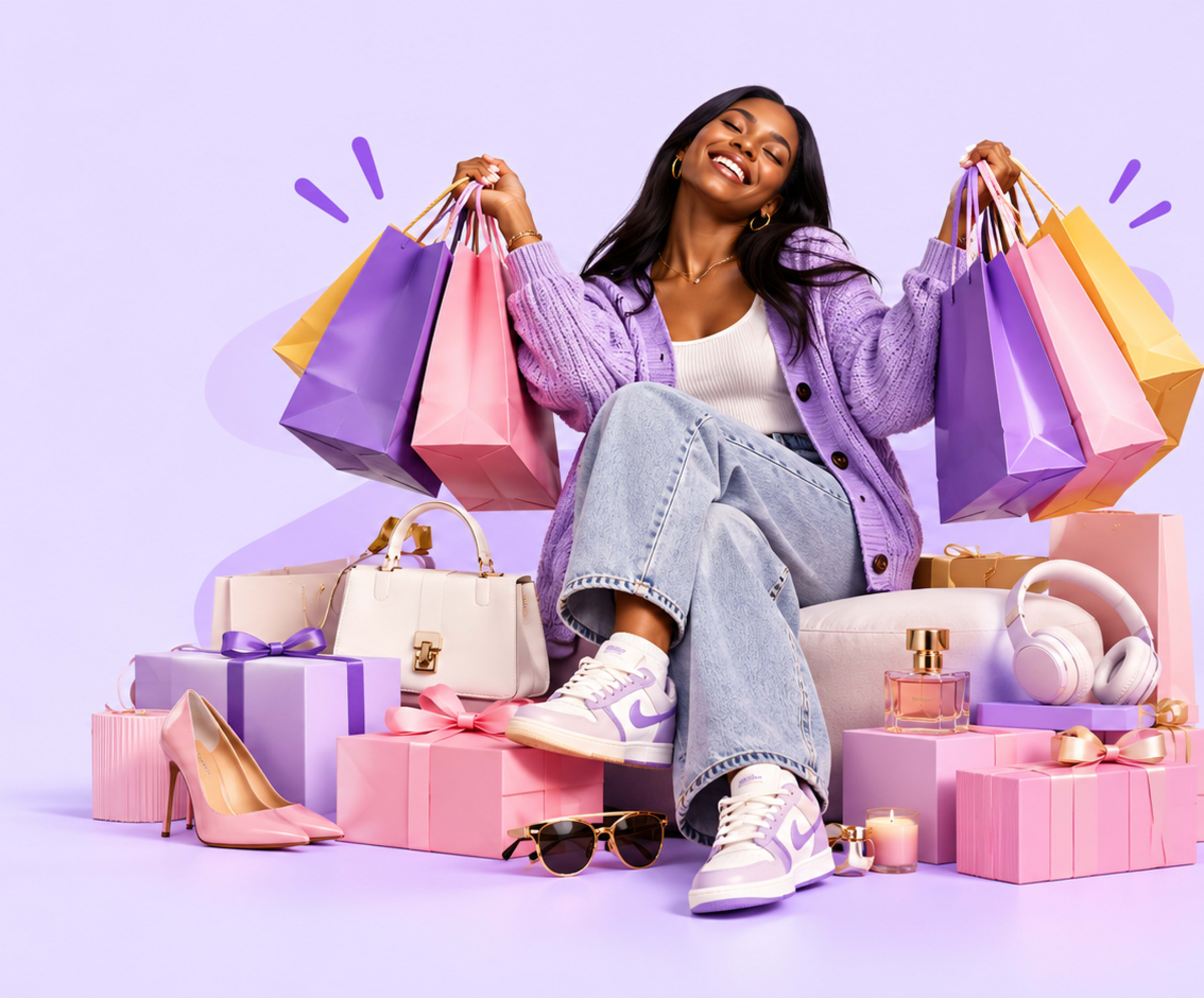 Happy woman holding shopping bags for marketplace gifts