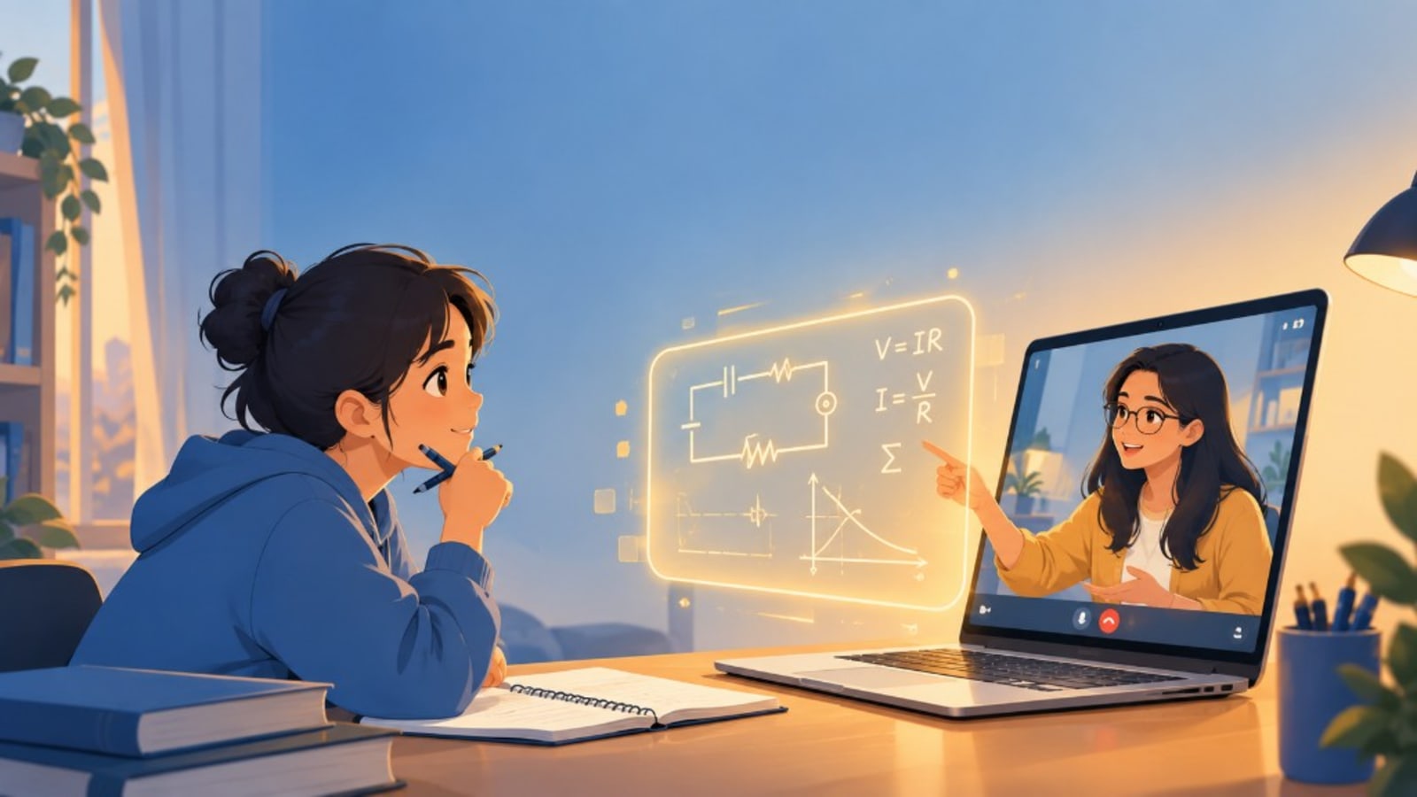 A student in a 1:1 online physics session seeing a circuit, Ohm's Law, and a graph explained visually instead of as memorized formulas.