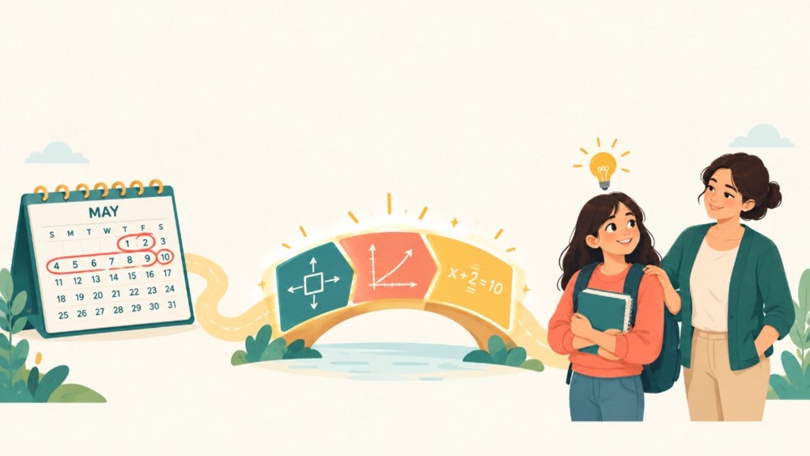 A May exam calendar connected by a bridge of math ideas to a student and parent who have a clear plan.