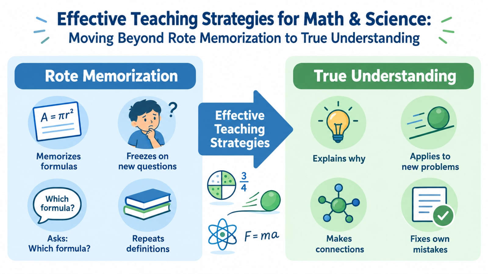 Infographic comparing rote memorization with true understanding in math and science, showing a child moving from confusion to confident reasoning