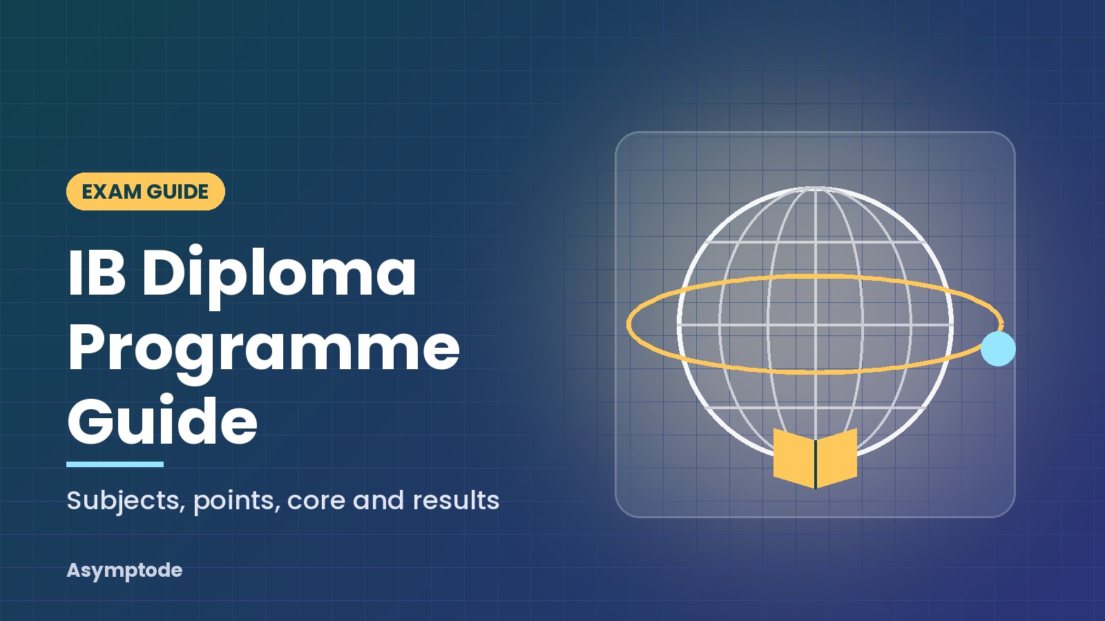 Illustration of a globe with an orbit ring and an open book, with the title IB Diploma Programme Guide: subjects, points, core and results