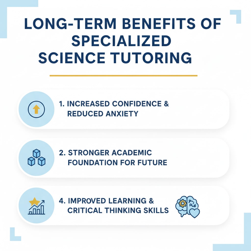 Infographic summarizing the long-term benefits of specialized online tutoring for science.
