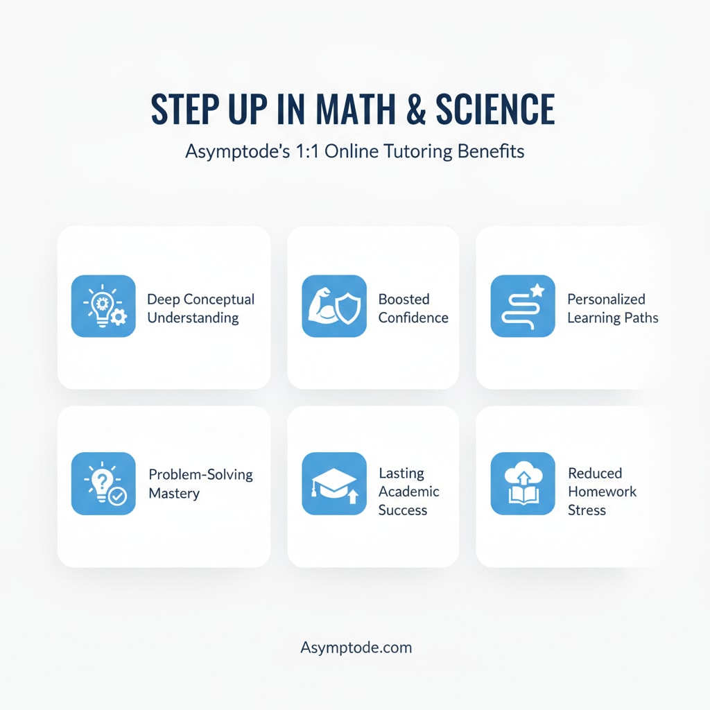 Checklist of key benefits of Asymptode's 1:1 online math and science tutoring.