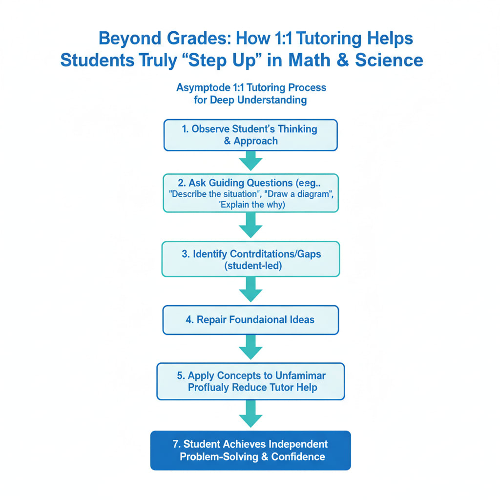 Flowchart illustrating Asymptode's 1:1 tutoring process for deep understanding and problem-solving.