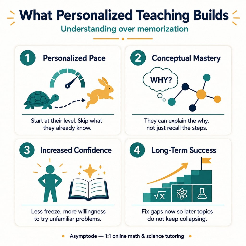 Supporting infographic summarizing the key benefits of Asymptode's teaching strategies: 'Personalized Pace,' 'Conceptual Mastery,' 'Increased Confidence,' and 'Long-Term Success.'