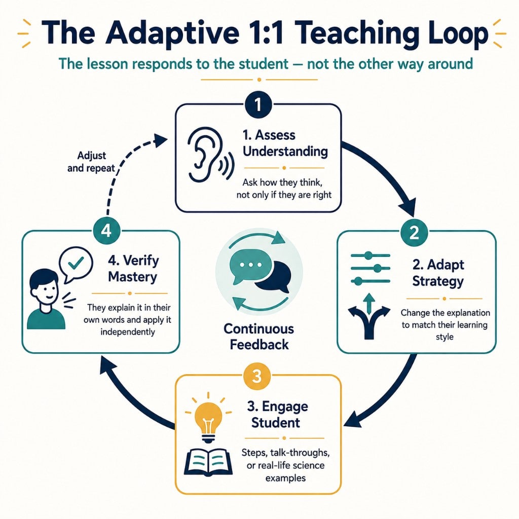 Explanatory graph showing a cyclical process of 'Assess Understanding,' 'Adapt Strategy,' 'Engage Student,' and 'Verify Mastery,' with arrows indicating continuous feedback and adjustment.