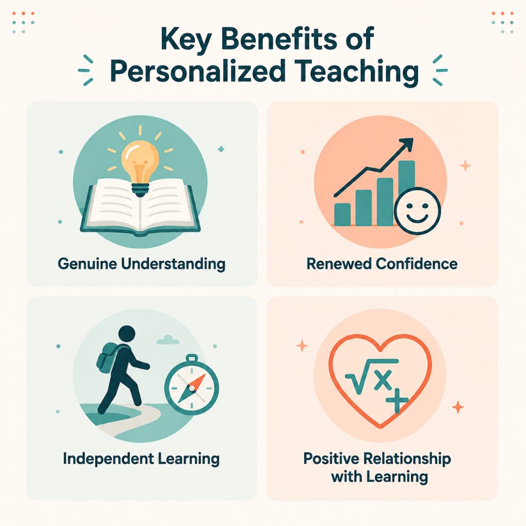 Infographic of key benefits of personalized teaching: Genuine Understanding, Renewed Confidence, Independent Learning, and a Positive Relationship with Learning.