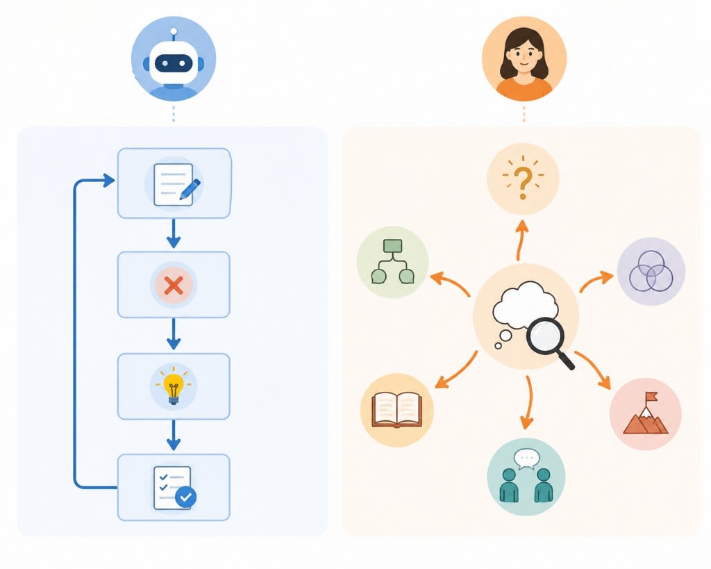 Side-by-side comparison of automated tutoring as a linear loop versus a human tutor diagnosing student thinking and adapting.