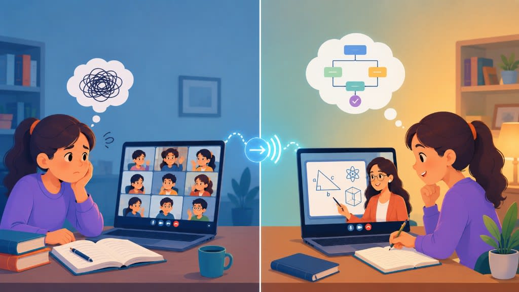 Group class vs 1:1 tutoring: a child lost in a crowded video call compared with a focused private session where concepts connect.
