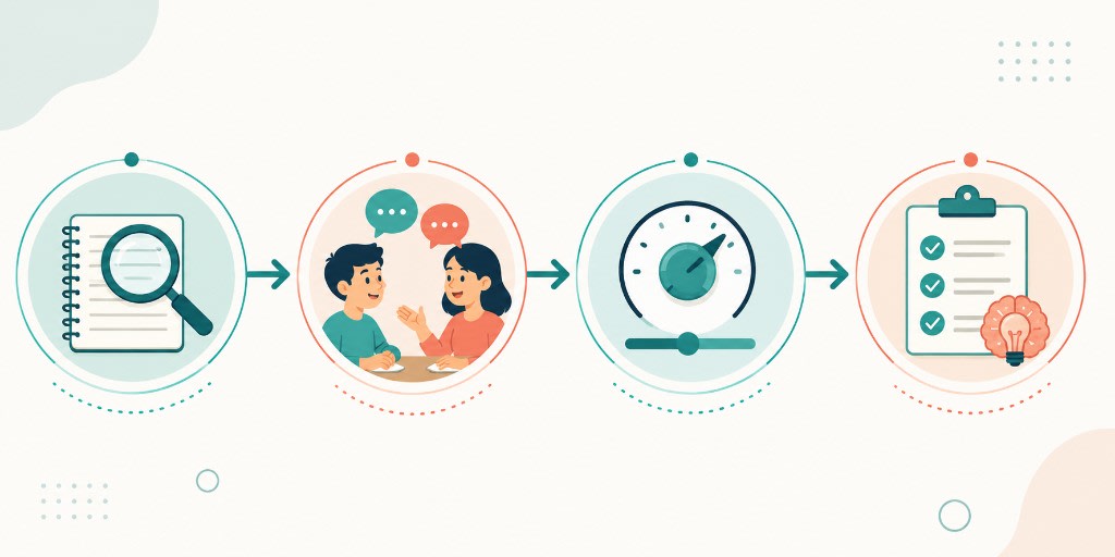 Four-step process for identifying learning gaps: observe the work, think aloud with a tutor, adjust pacing, then confirm independent understanding.