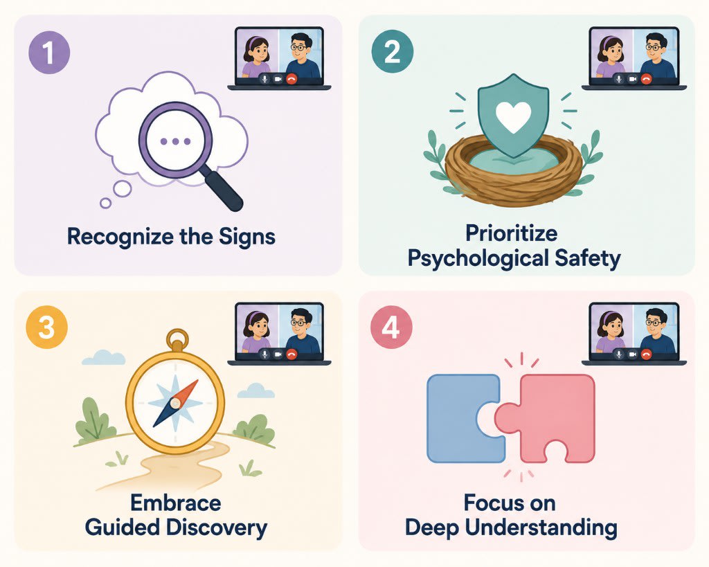 Four parent takeaways for math anxiety: recognize the signs, prioritize psychological safety, use guided discovery, and focus on deep understanding.