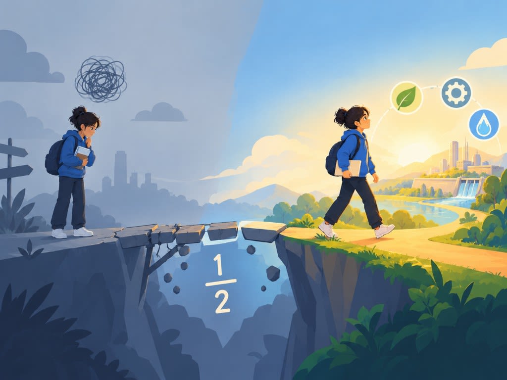 Maya's journey: a missing fractions foundation as a broken bridge, then a confident path toward environmental engineering.
