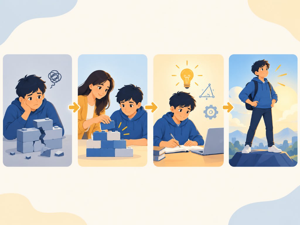Four stages of academic advantage: a broken foundation, rebuilding it with a tutor, independent problem-solving, then lasting confidence.