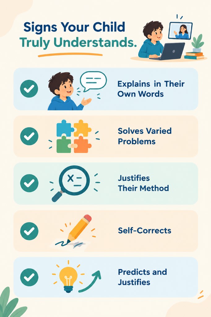 Five signs a child truly understands: explains in their own words, solves varied problems, justifies their method, self-corrects, and predicts with reasons.