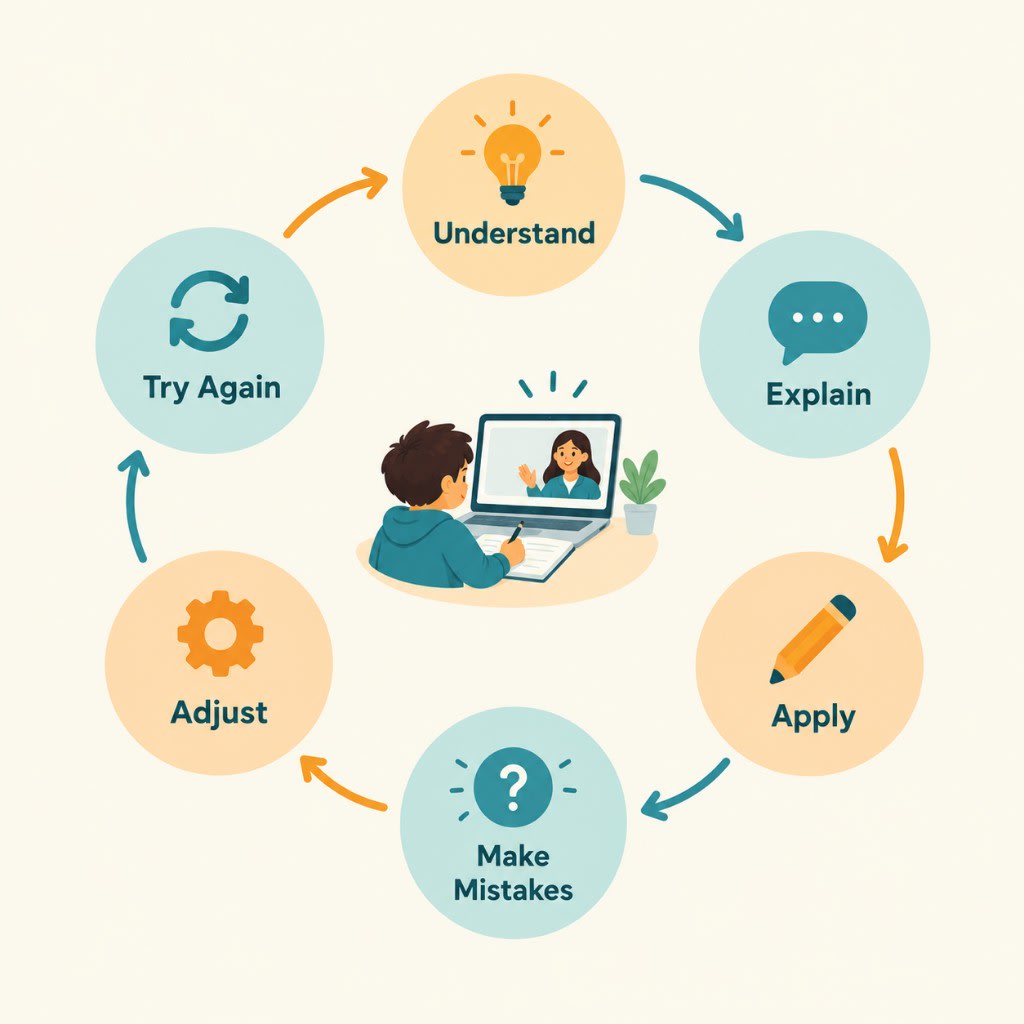 The 1:1 learning cycle: understand, explain, apply, make mistakes, adjust, and try again around a live tutoring session.
