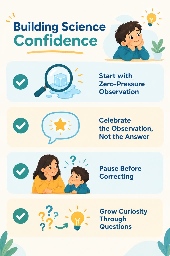 Four ways to build science confidence: zero-pressure observation, celebrating noticing, pausing before correcting, and growing curiosity through questions.