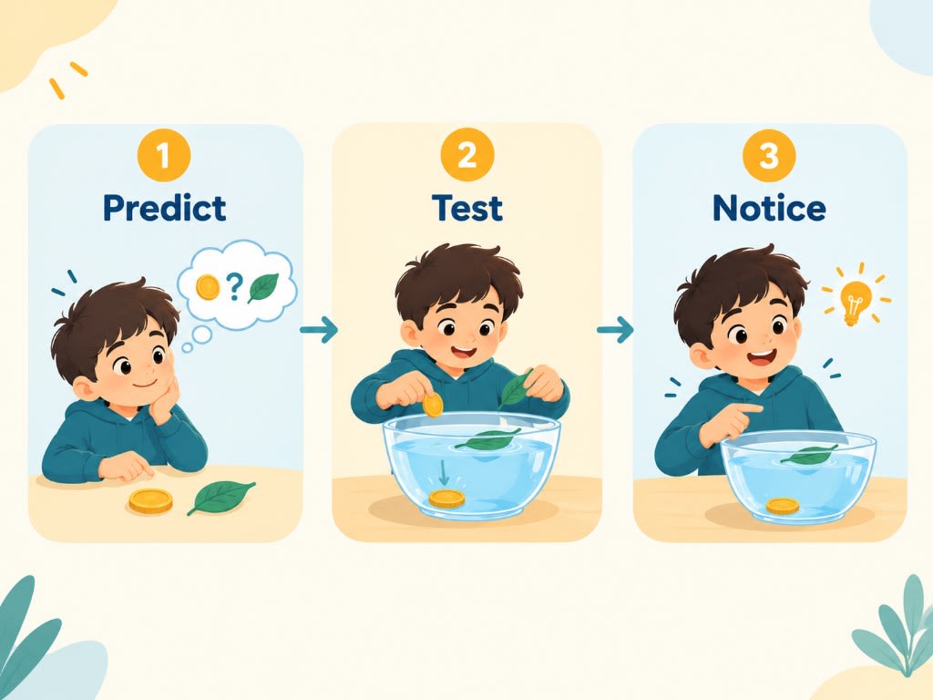 Predict-Test-Notice: a child predicts sink or float, tests objects in water, then notices what actually happened.
