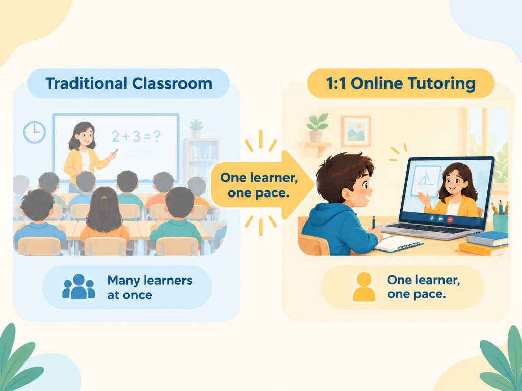 Traditional classroom with many learners at once versus 1:1 online tutoring at one learner, one pace.