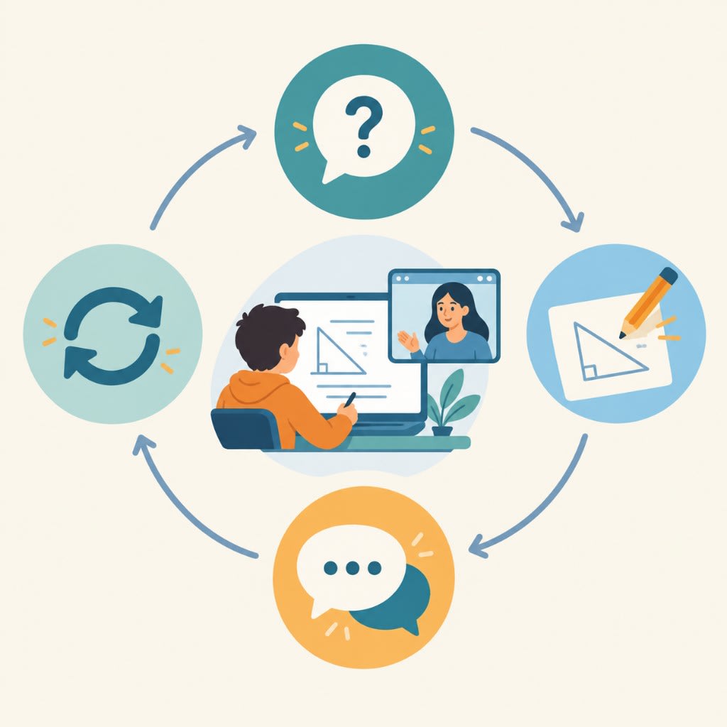 The active online tutoring cycle: question, draw and solve, explain, then iterate with real-time feedback.