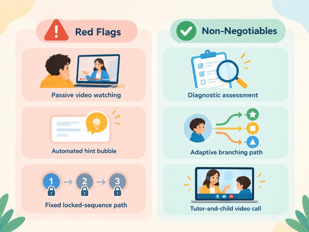 Red flags versus non-negotiables in online math courses: passive video and locked paths versus diagnosis, adaptive paths, and live tutoring.