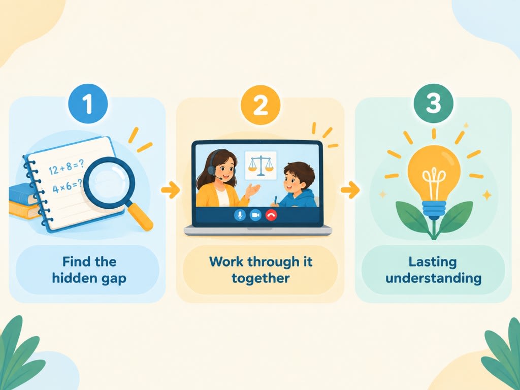 Three steps to lasting math understanding: find the hidden gap, work through it together, then build lasting understanding.