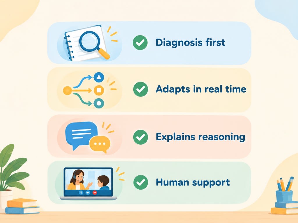 Four things to look for in an online math program: diagnosis first, real-time adaptation, explained reasoning, and human support.