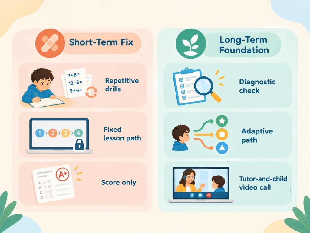 Short-term fix versus long-term foundation: repetitive drills and locked lesson paths compared with diagnosis, adaptive paths, and live 1:1 tutoring.
