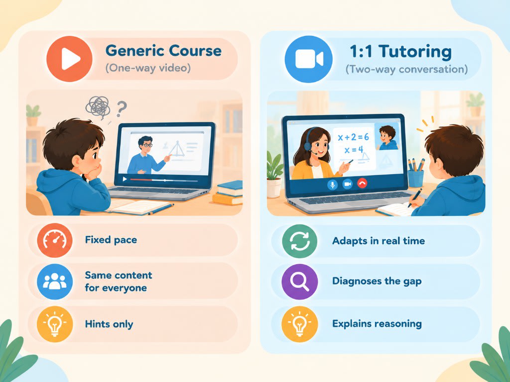Generic one-way video courses versus 1:1 tutoring: fixed pace and hints-only compared with real-time adaptation, diagnosis, and explained reasoning.
