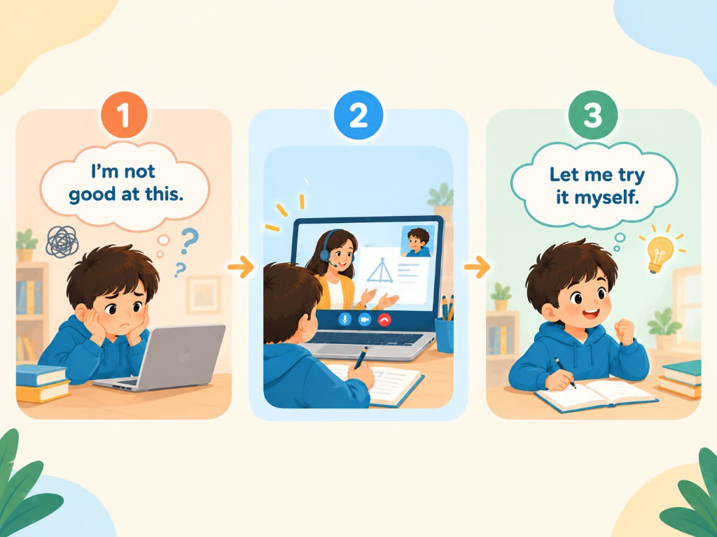 Three stages of a breakthrough: I'm not good at this, 1:1 tutoring rebuilds the foundation, then let me try it myself.