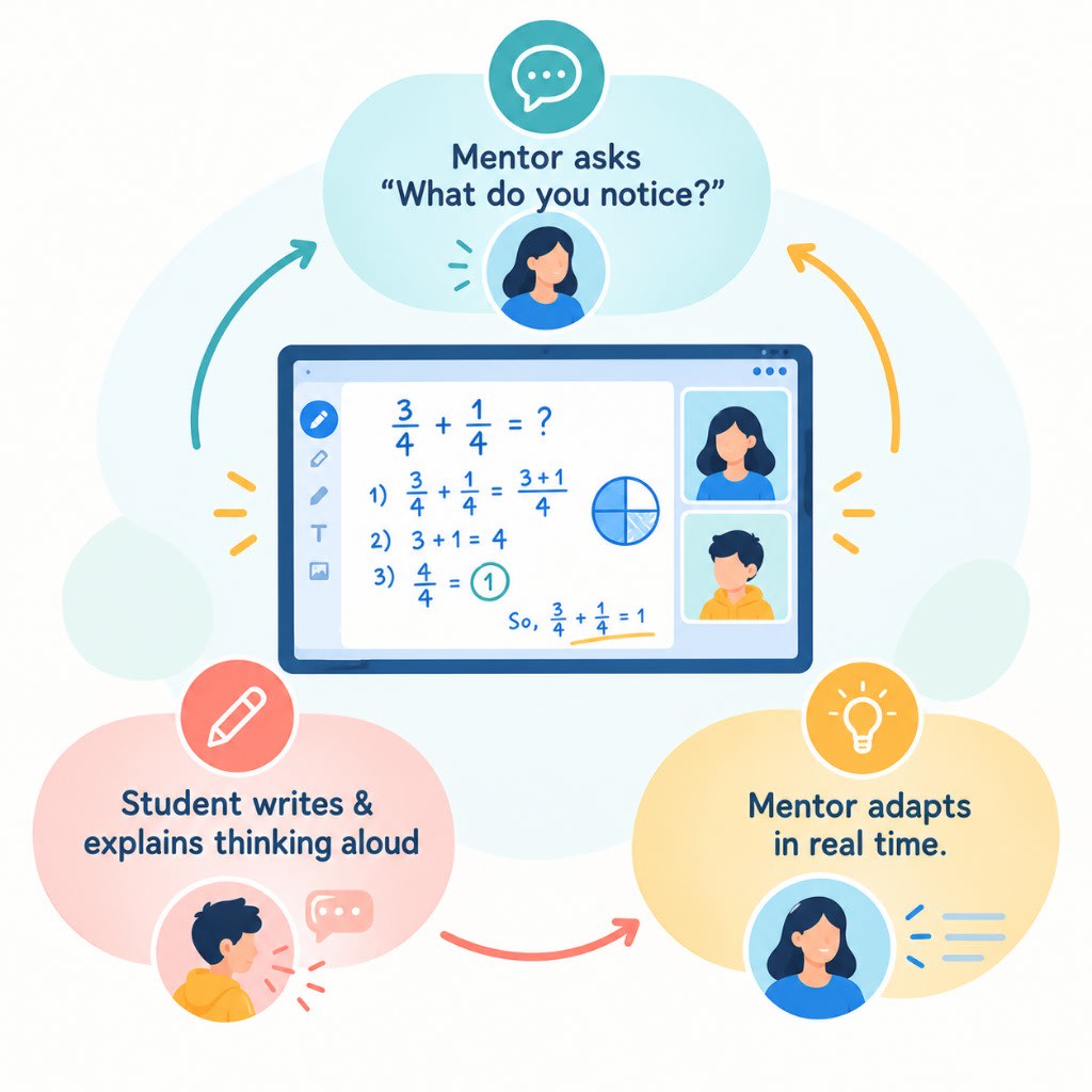 The teaching channel loop: the mentor asks what you notice, the student writes and explains aloud, and the mentor adapts in real time.