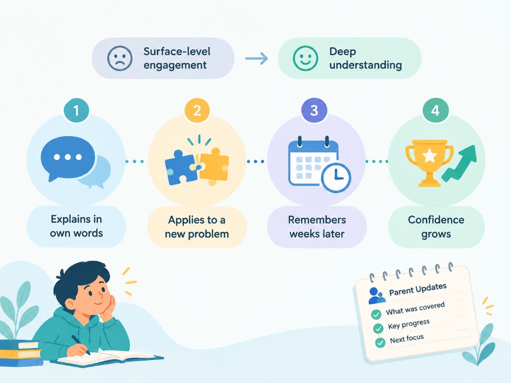 Four signs of deep understanding: explains in own words, applies to a new problem, remembers weeks later, and confidence grows — plus weekly parent updates.