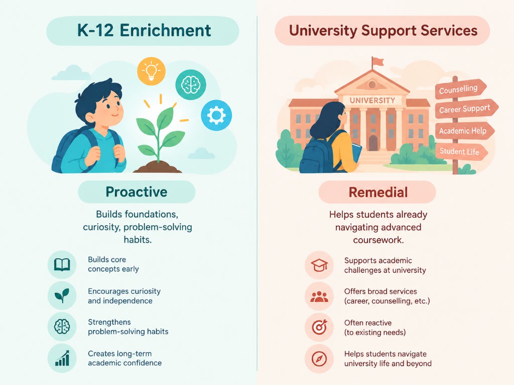 K-12 enrichment is proactive it builds foundations, curiosity, and problem-solving while university support services are often remedial and reactive.