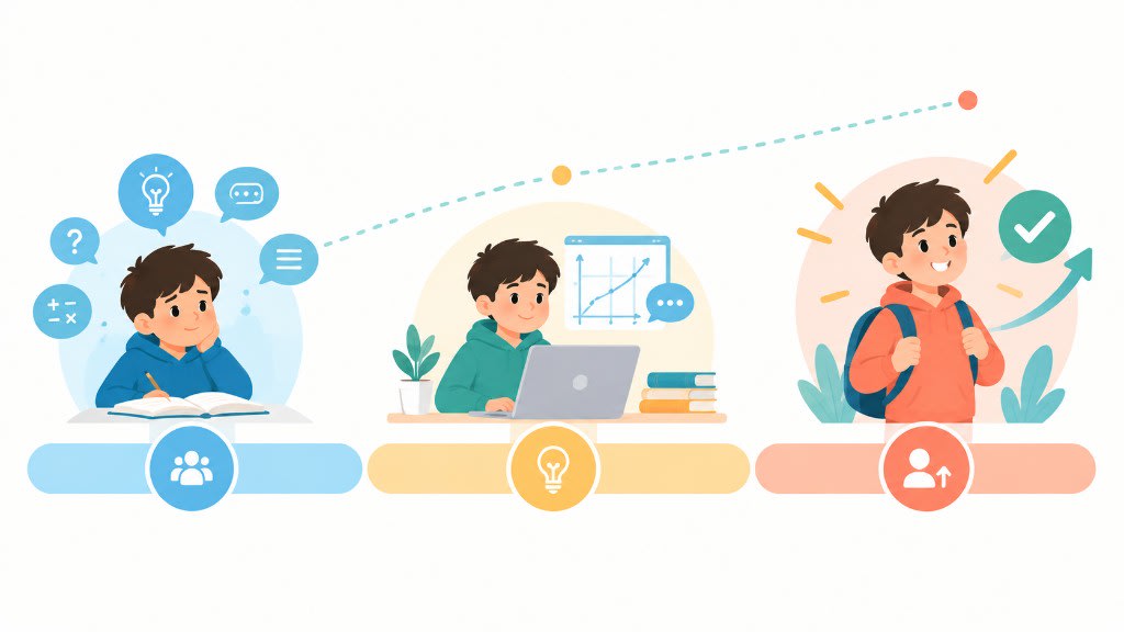 The payoff of ongoing tutor training: from guided thinking, to independent problem-solving, to a student who no longer needs the tutor for that skill.