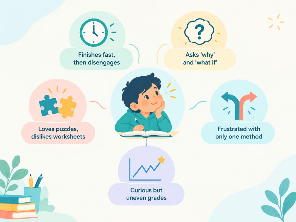 Five overlooked signs your child needs enrichment: finishes fast then disengages, asks why and what if, loves puzzles over worksheets, frustrated with one method, and curious but uneven grades.
