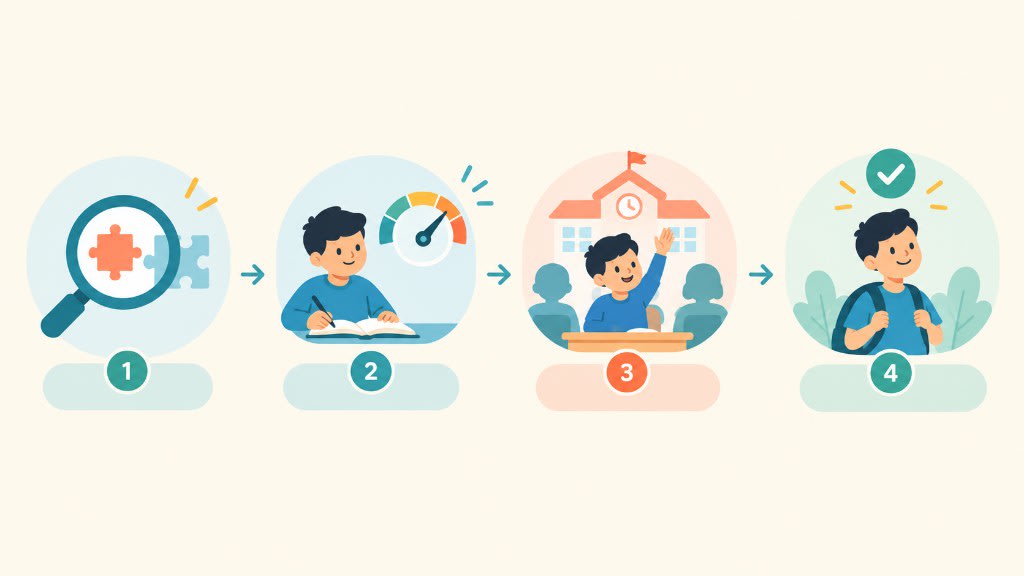 Four steps of targeted 1:1 tutoring: find the gap, rebuild at the student's pace, participate more in class, and restore independence and confidence.