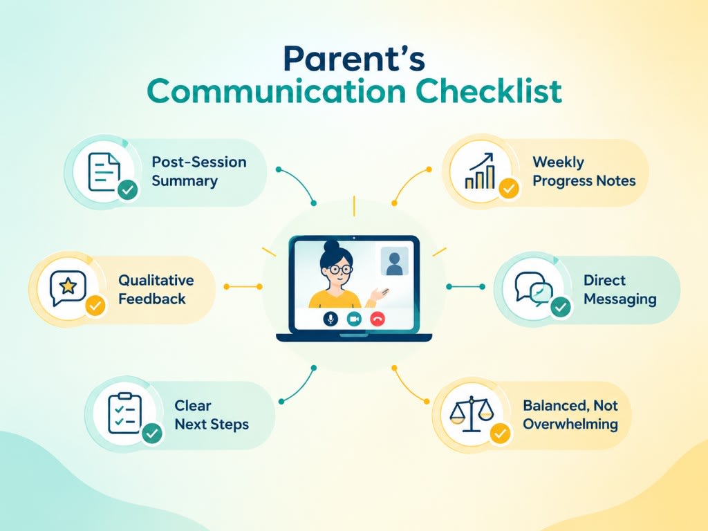 A parent's communication checklist for online tutoring: post-session summaries, qualitative feedback, clear next steps, weekly notes, direct messaging, and balanced updates.