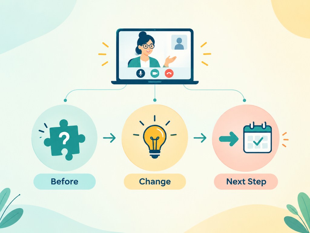 The before → change → next step feedback model: identify the gap, show what clicked, and plan the next focus.